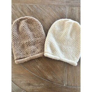 Two Free People Waffle Knit Wool Beanies Beige & Cream